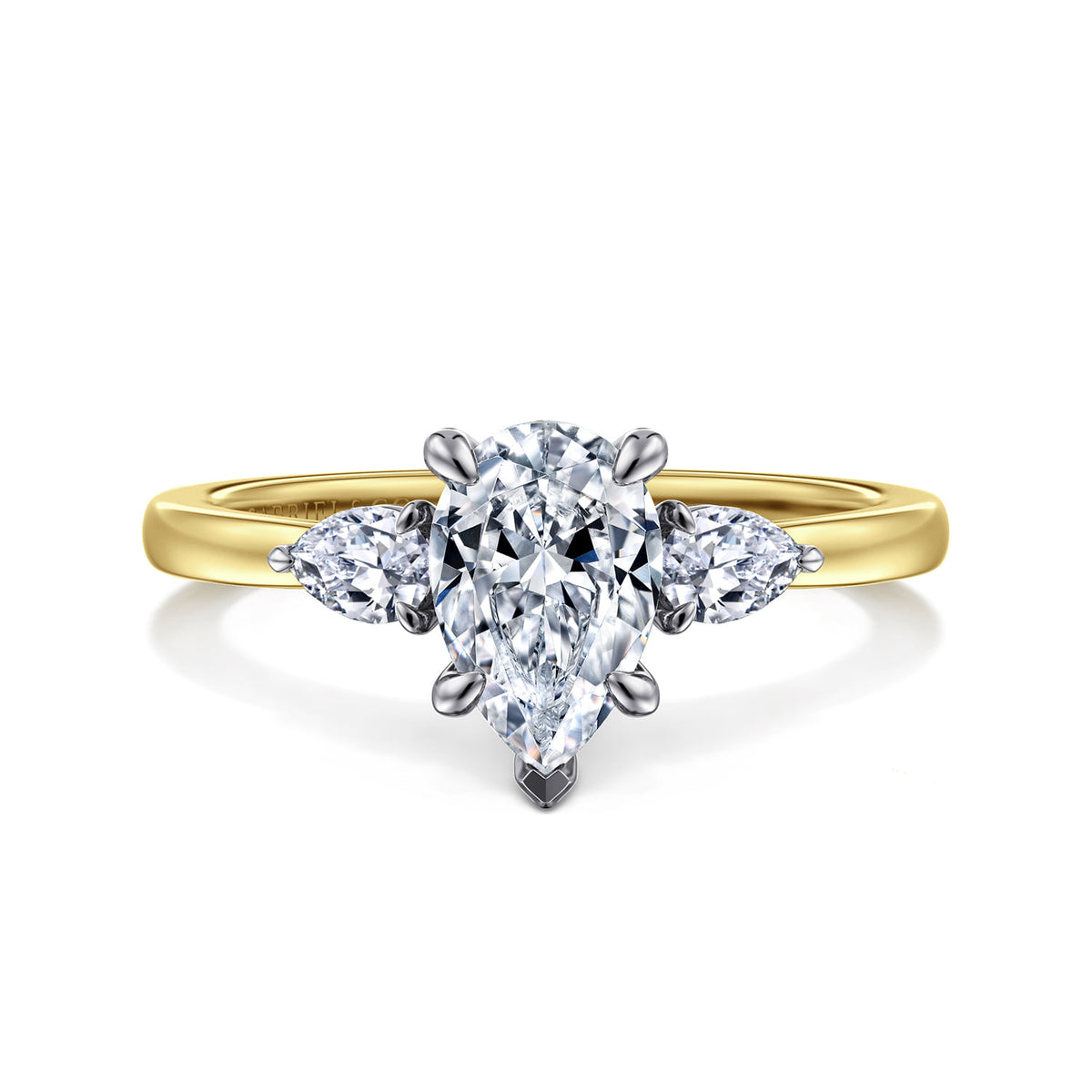14K White-Yellow Gold Pear Shape Three Stone Diamond Engagement Ring — ER16551P4M44JJ; center stone shown for illustration, not included