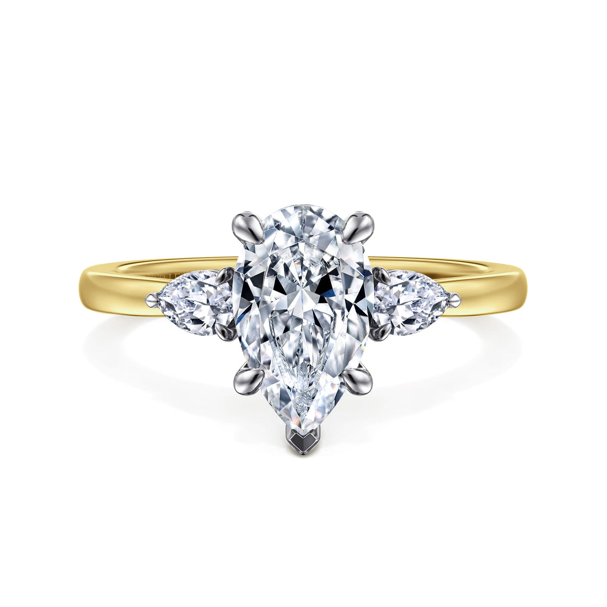 14K White-Yellow Gold Pear Shape Three Stone Diamond Engagement Ring — ER16551P6M44JJ; center stone shown for illustration, not included