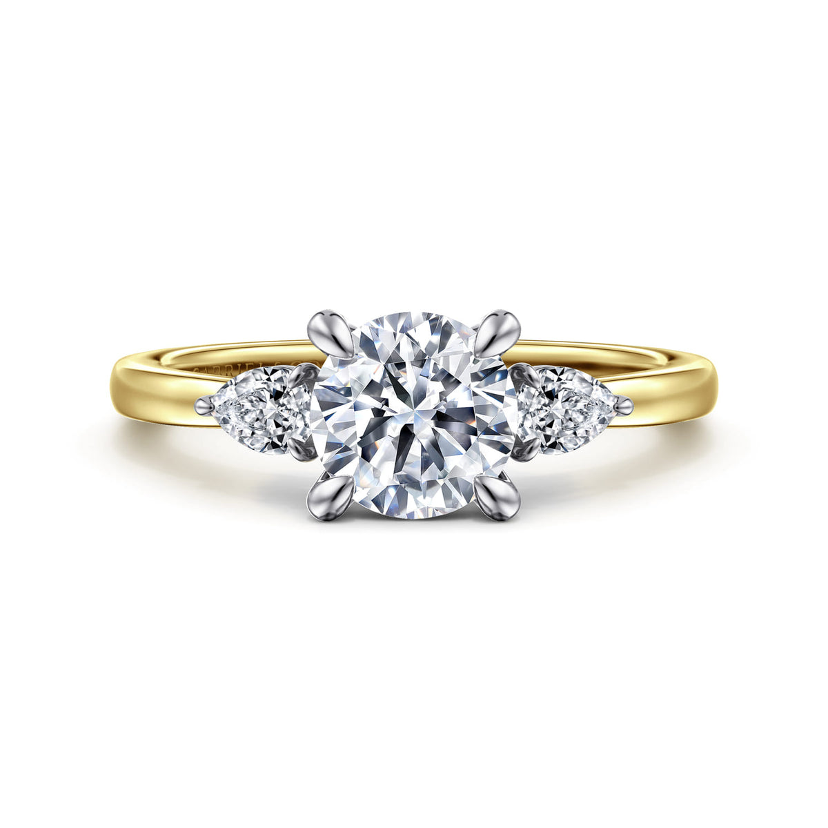 14K White-Yellow Gold Round Three Stone Diamond Engagement Ring — ER16551R4M44JJ; center stone shown for illustration, not included