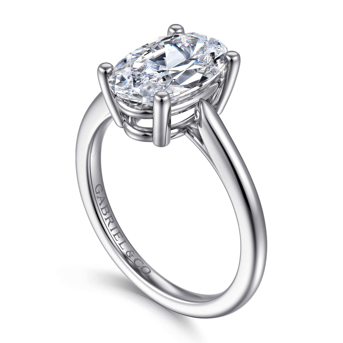 14K White Gold Oval Solitaire Diamond Engagement Ring — Gabriel & Co. ER16561O12W4JJJ; center stone shown for illustration, not included