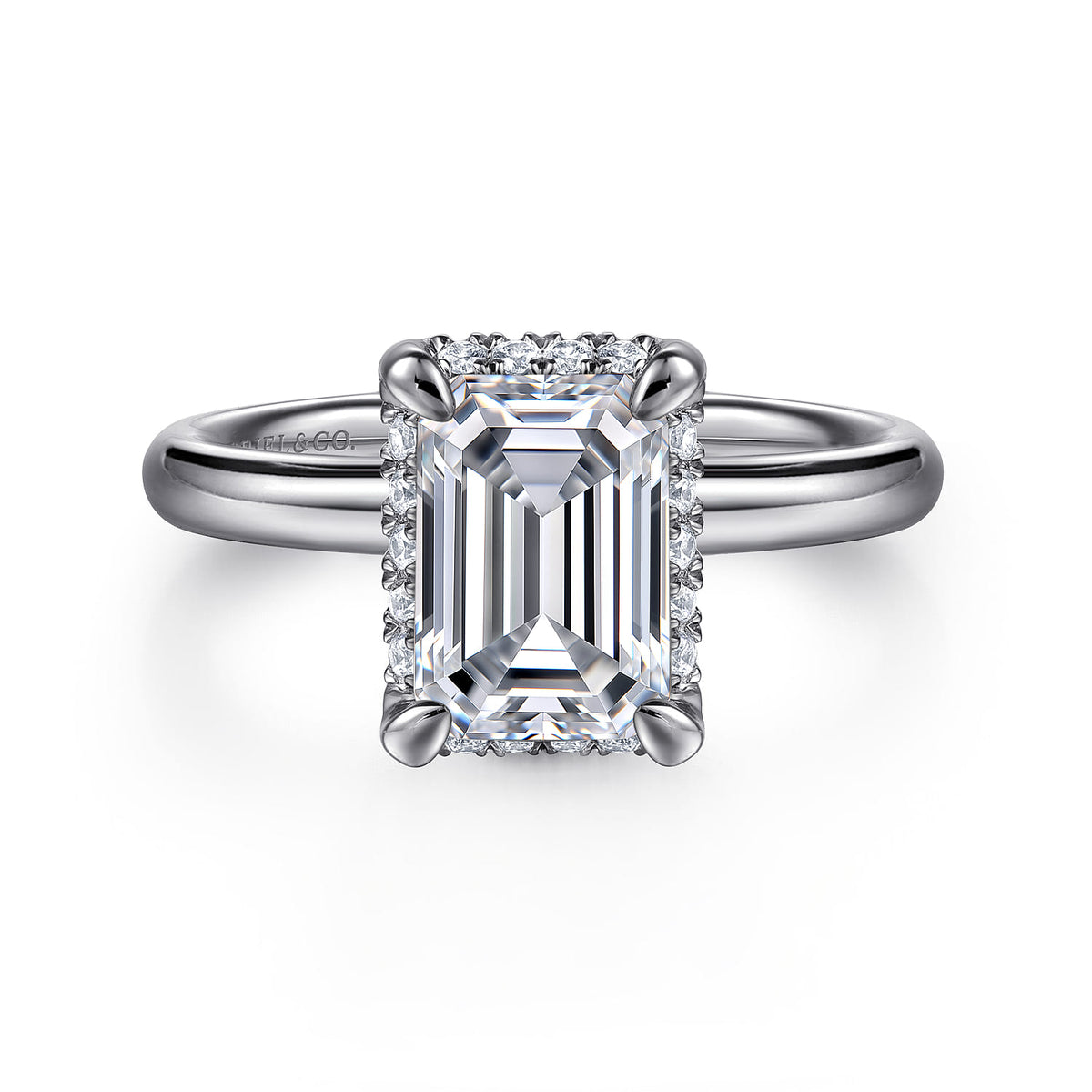 14K White Gold Emerald Cut Hidden Halo Diamond Engagement Ring — Gabriel & Co. ER16567E8W44JJ; center stone shown for illustration, not included