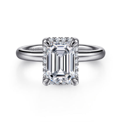 14K White Gold Emerald Cut Hidden Halo Diamond Engagement Ring — Gabriel & Co. ER16567E8W44JJ; center stone shown for illustration, not included