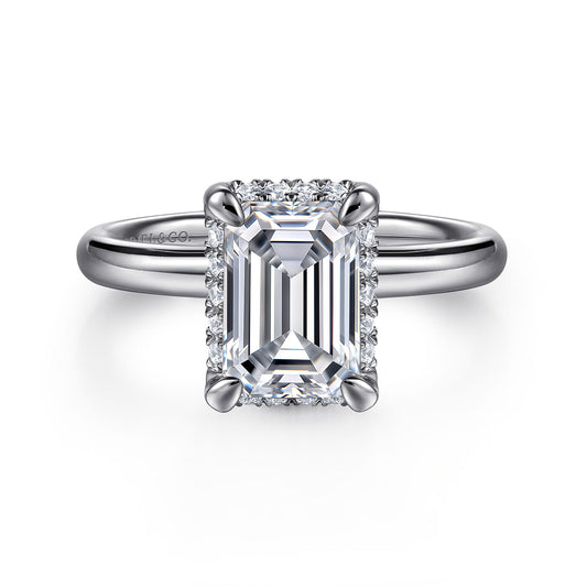 14K White Gold Emerald Cut Hidden Halo Diamond Engagement Ring — Gabriel & Co. ER16567E8W44JJ; center stone shown for illustration, not included