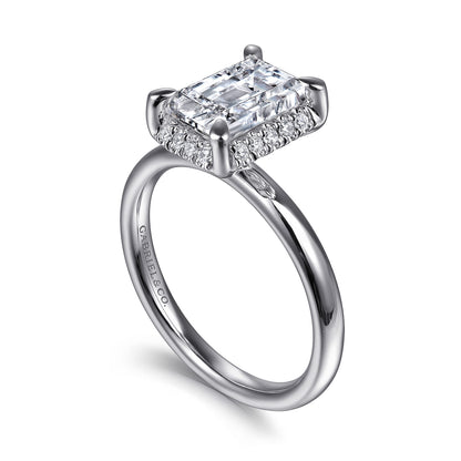 14K White Gold Emerald Cut Hidden Halo Diamond Engagement Ring — Gabriel & Co. ER16567E8W44JJ; center stone shown for illustration, not included