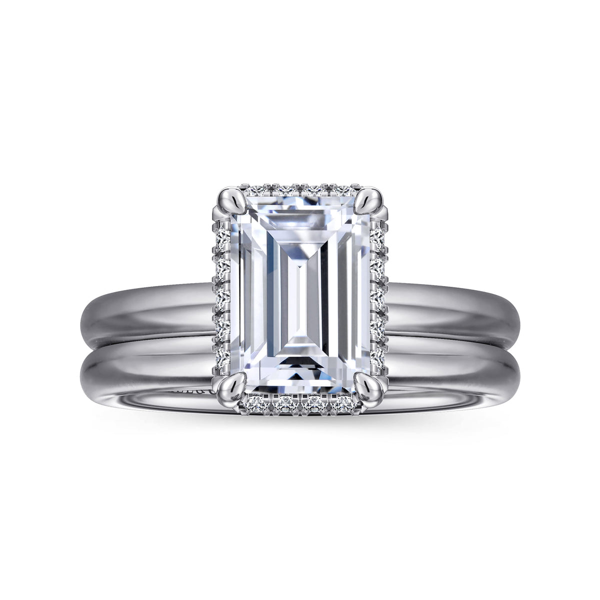 14K White Gold Emerald Cut Hidden Halo Diamond Engagement Ring — Gabriel & Co. ER16567E8W44JJ; center stone shown for illustration, not included