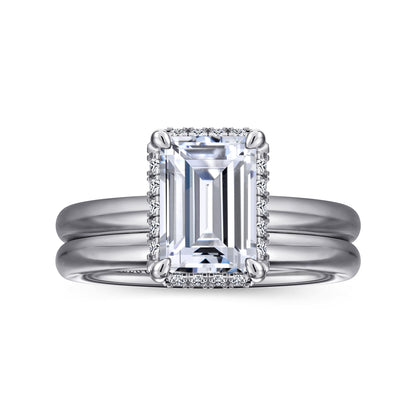 14K White Gold Emerald Cut Hidden Halo Diamond Engagement Ring — Gabriel & Co. ER16567E8W44JJ; center stone shown for illustration, not included