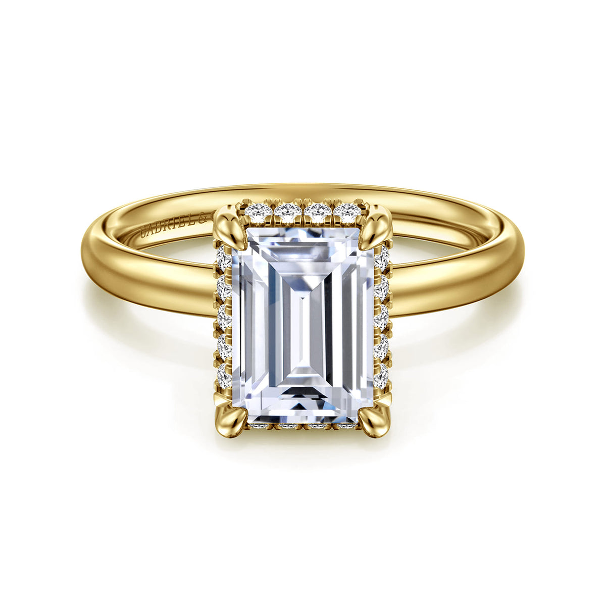 14K Yellow Gold Emerald Cut Hidden Halo Diamond Engagement Ring — Gabriel & Co. ER16567E8Y44JJ; center stone shown for illustration, not included
