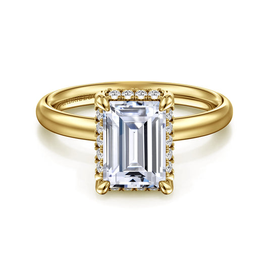 14K Yellow Gold Emerald Cut Hidden Halo Diamond Engagement Ring — Gabriel & Co. ER16567E8Y44JJ; center stone shown for illustration, not included
