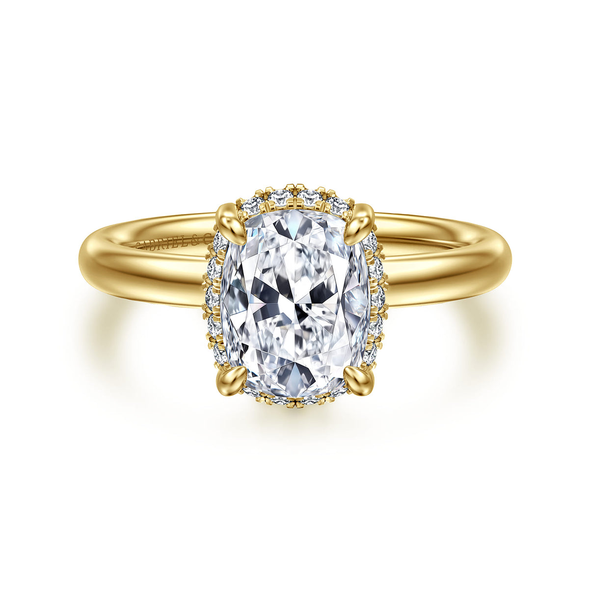 14K Yellow Gold Elongated Cushion Hidden Halo Diamond Engagement Ring — Gabriel & Co. ER16567G8Y44JJ; center stone shown for illustration, not included