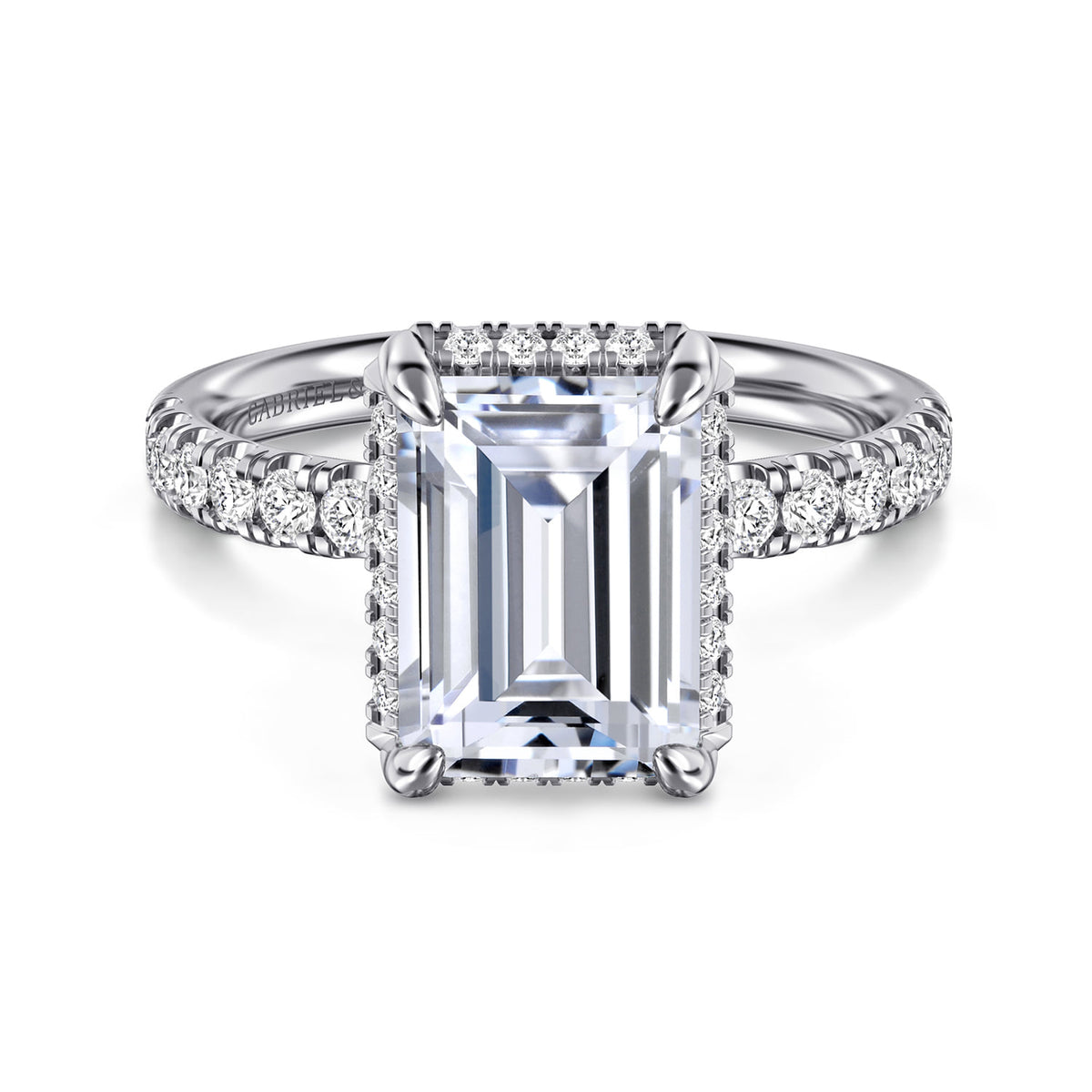 14K White Gold Emerald Cut Hidden Halo Diamond Engagement Ring — Gabriel & Co. ER16568E12W44JJ; center stone shown for illustration, not included