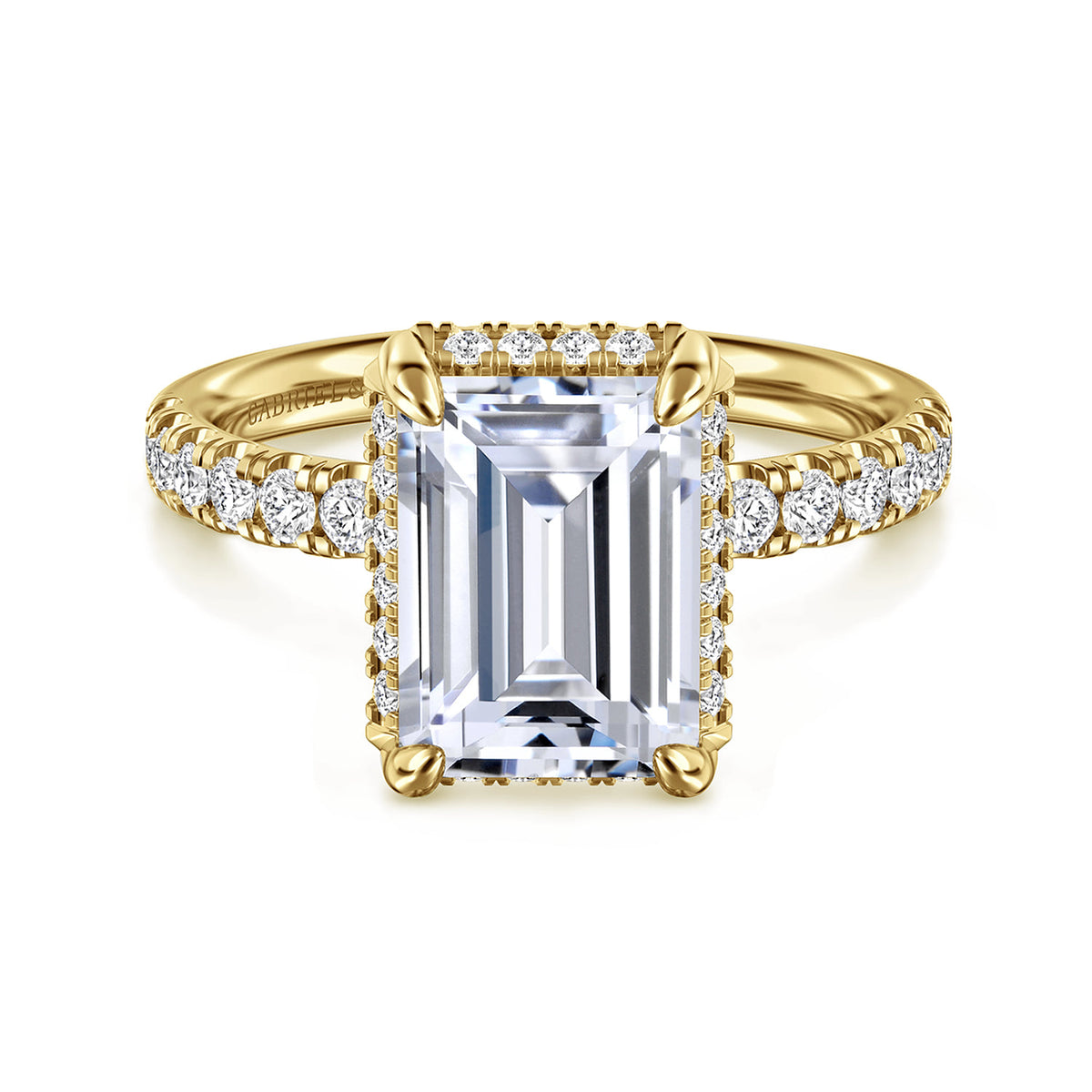 14K Yellow Gold Emerald Cut Hidden Halo Diamond Engagement Ring — Gabriel & Co. ER16568E12Y44JJ; center stone shown for illustration, not included