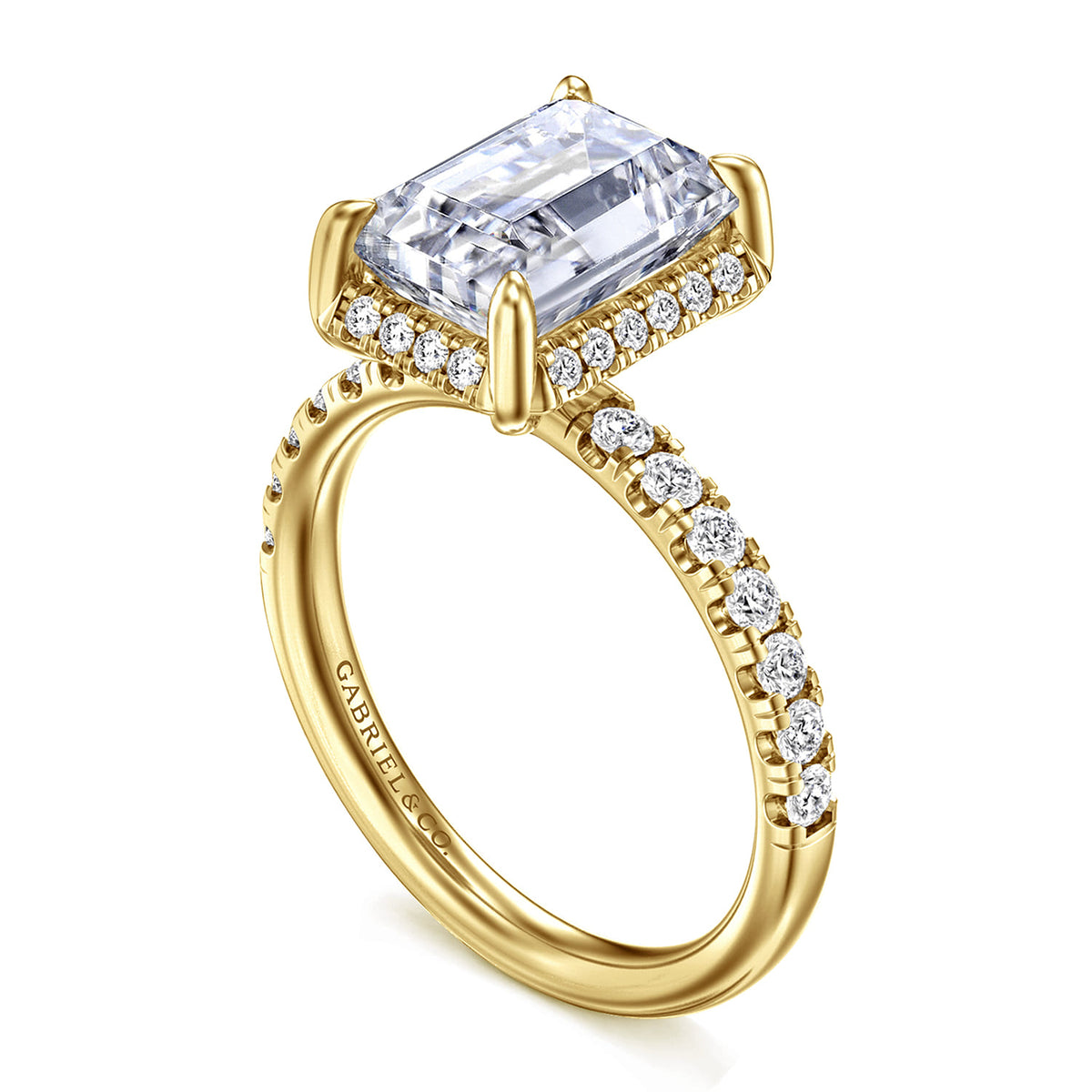 14K Yellow Gold Emerald Cut Hidden Halo Diamond Engagement Ring — Gabriel & Co. ER16568E12Y44JJ; center stone shown for illustration, not included