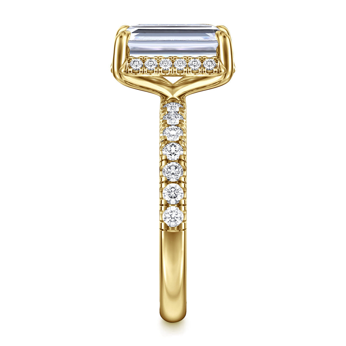 14K Yellow Gold Emerald Cut Hidden Halo Diamond Engagement Ring — Gabriel & Co. ER16568E12Y44JJ; center stone shown for illustration, not included