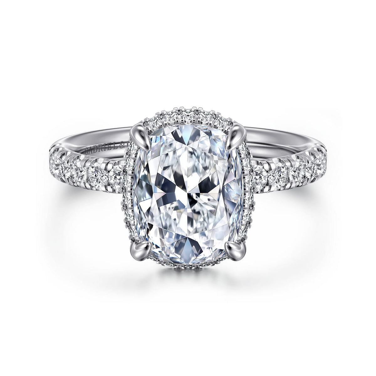 14K White Gold Elongated Cushion Hidden Halo Diamond Engagement Ring — Gabriel & Co. ER16568G12W44JJ; center stone shown for illustration, not included