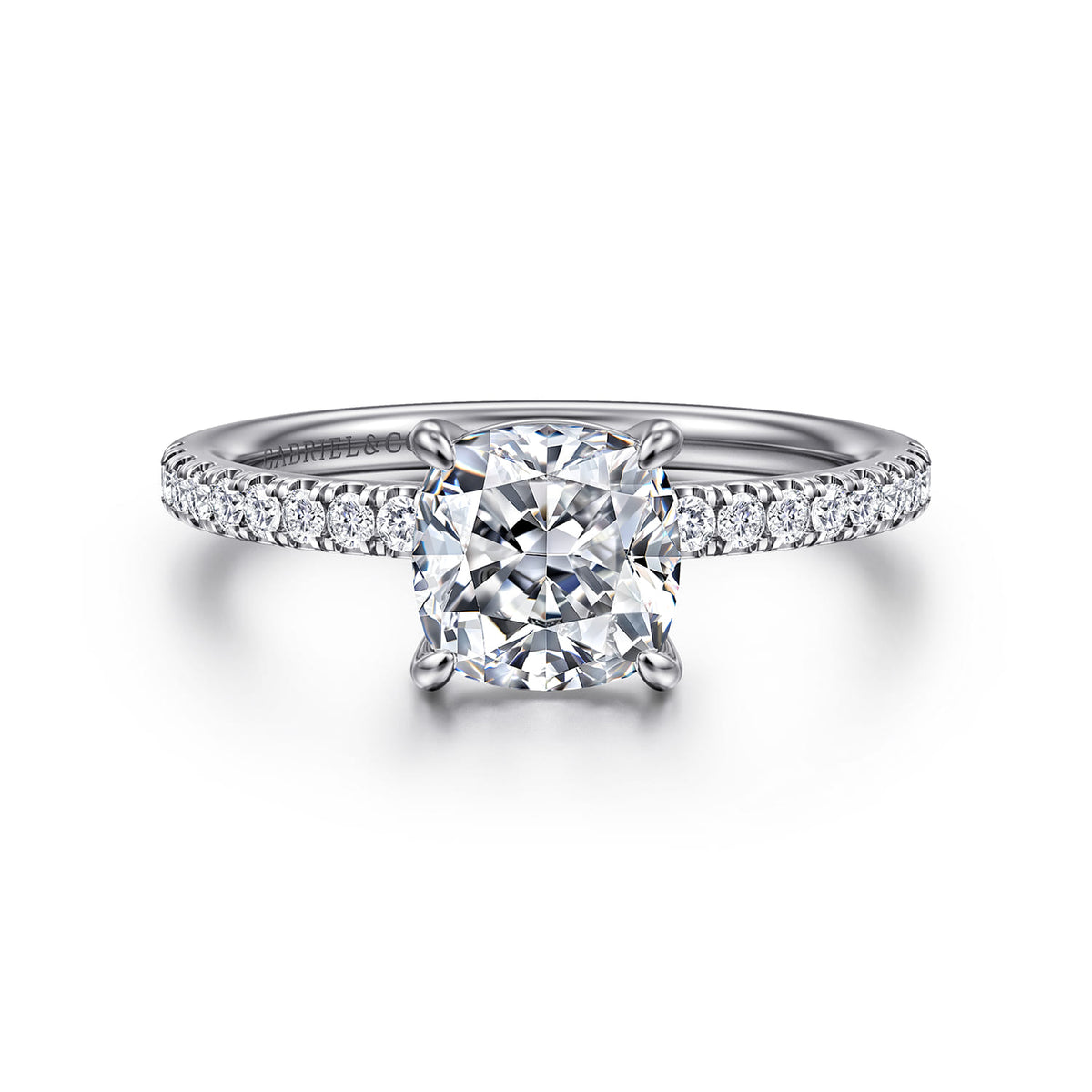 14K White Gold Cushion Cut Diamond Engagement Ring — ER16570C6W44JJ; center stone shown for illustration, not included