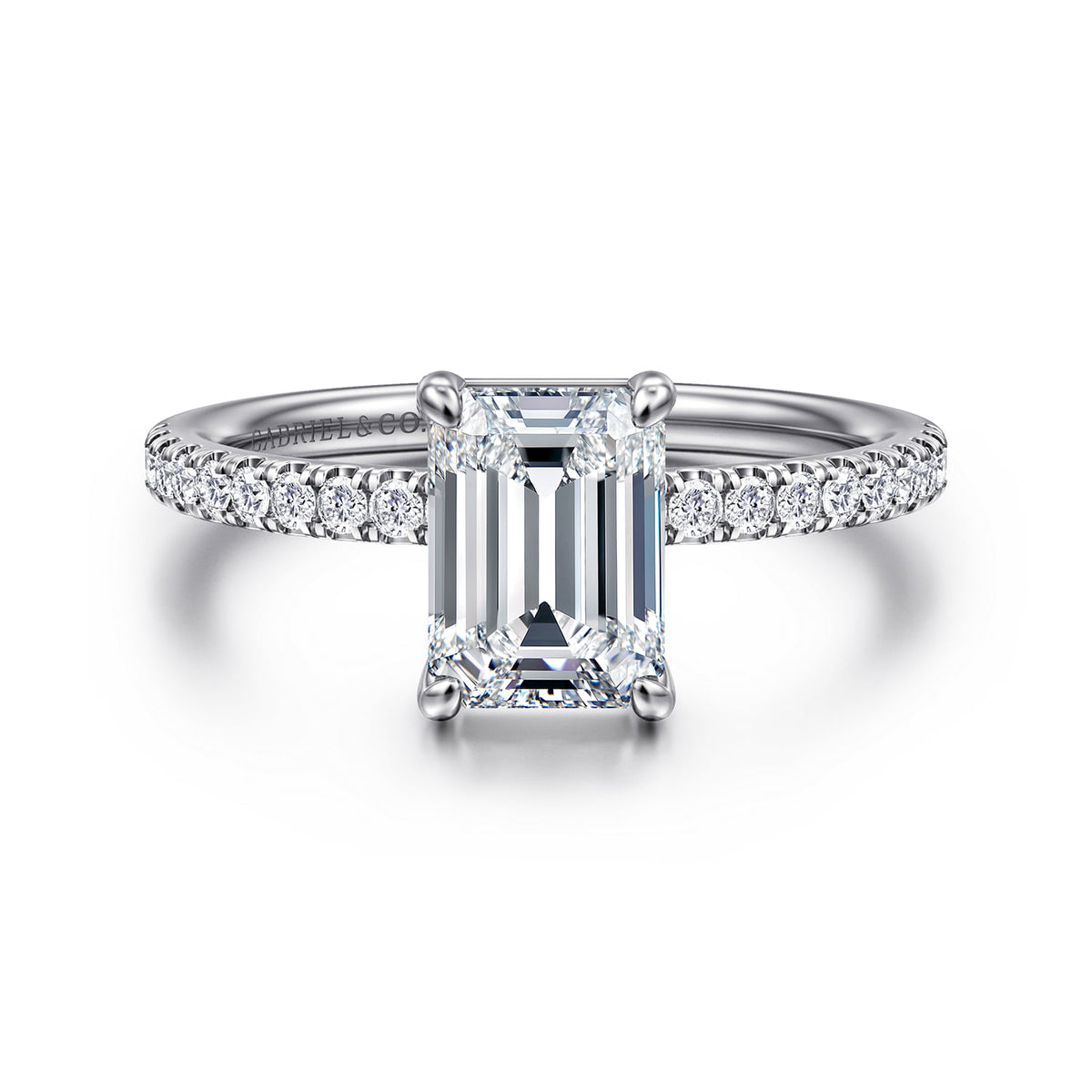 14K White Gold Emerald Cut Diamond Engagement Ring — ER16570E6W44JJ; center stone shown for illustration, not included