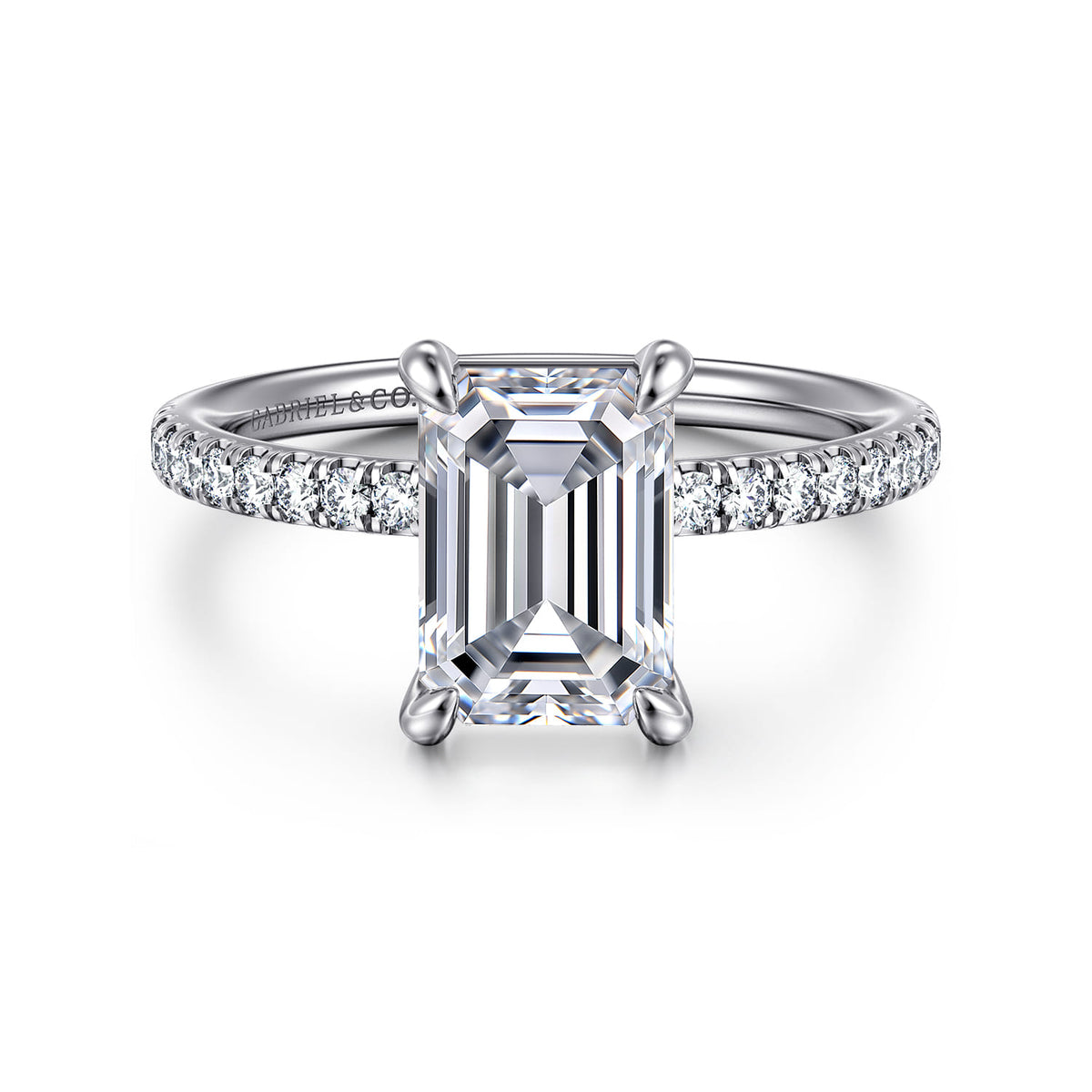 14K White Gold Emerald Cut Diamond Engagement Ring — ER16570E8W44JJ; center stone shown for illustration, not included