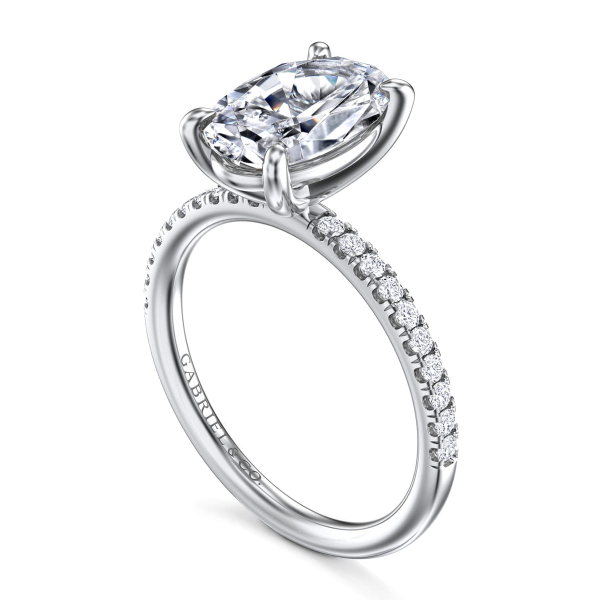 14K White Gold Oval Diamond Engagement Ring — Gabriel & Co. ER16570O10W44JJ; center stone shown for illustration, not included