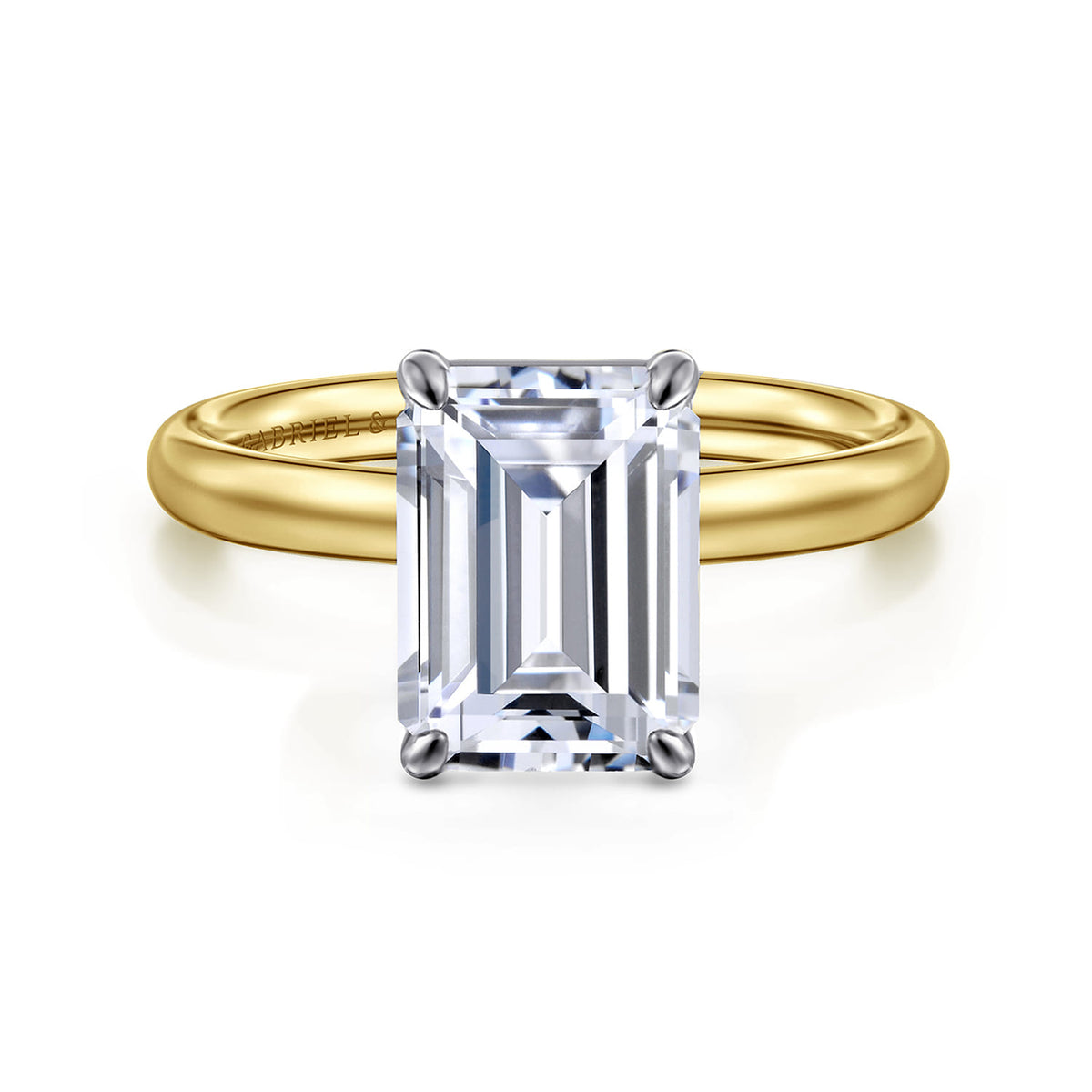 14K White-Yellow Gold Emerald Cut Solitaire Diamond Engagement Ring — Gabriel & Co. ER16571E12M4JJJ; center stone shown for illustration, not included