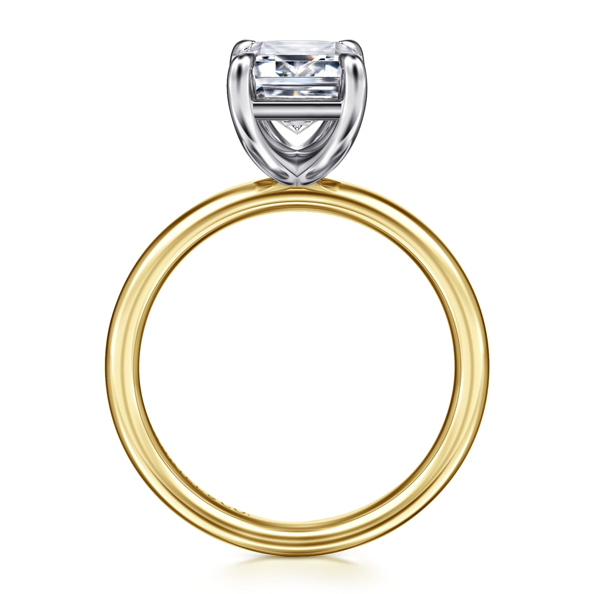 14K White-Yellow Gold Emerald Cut Solitaire Diamond Engagement Ring — Gabriel & Co. ER16571E12M4JJJ; center stone shown for illustration, not included
