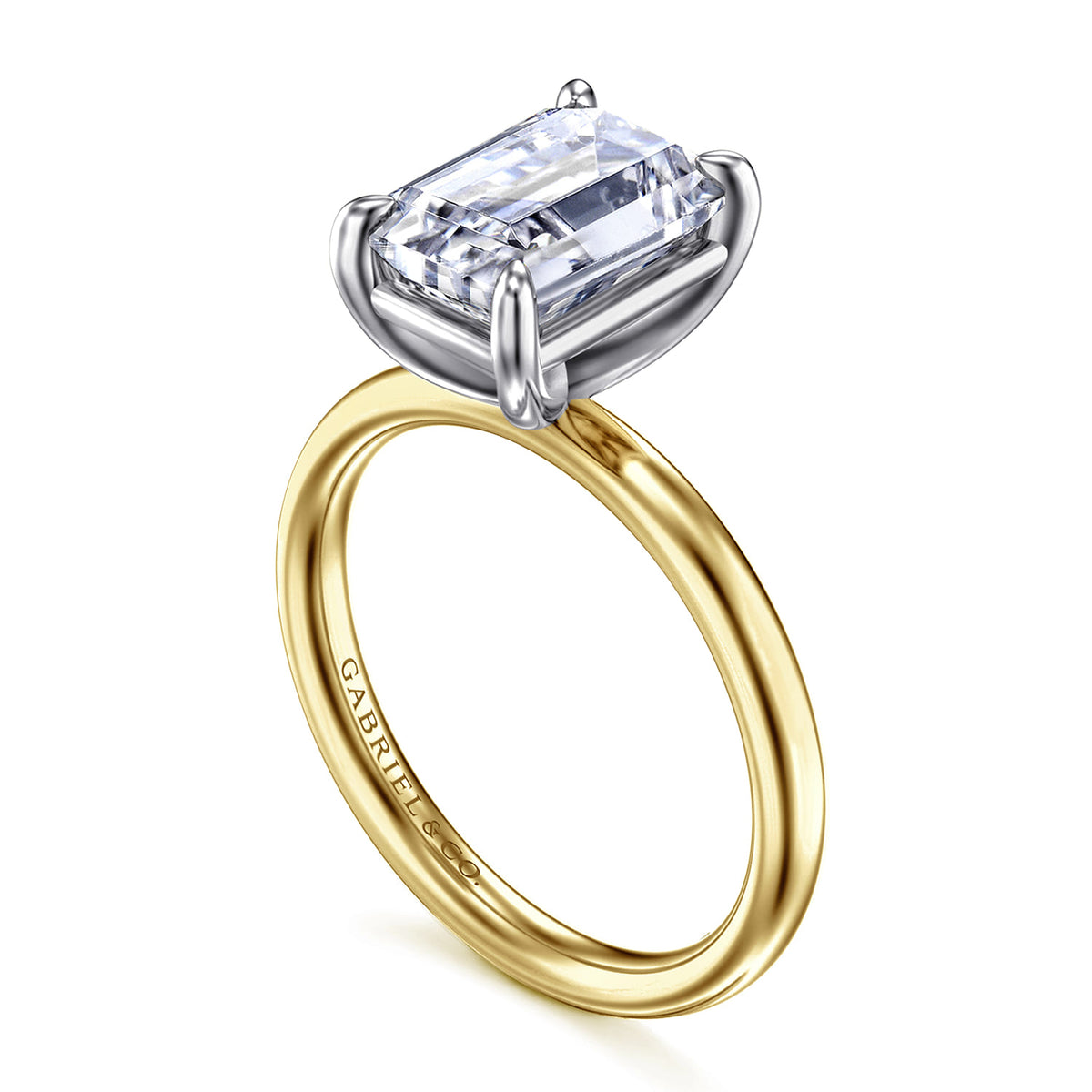 14K White-Yellow Gold Emerald Cut Solitaire Diamond Engagement Ring — Gabriel & Co. ER16571E12M4JJJ; center stone shown for illustration, not included
