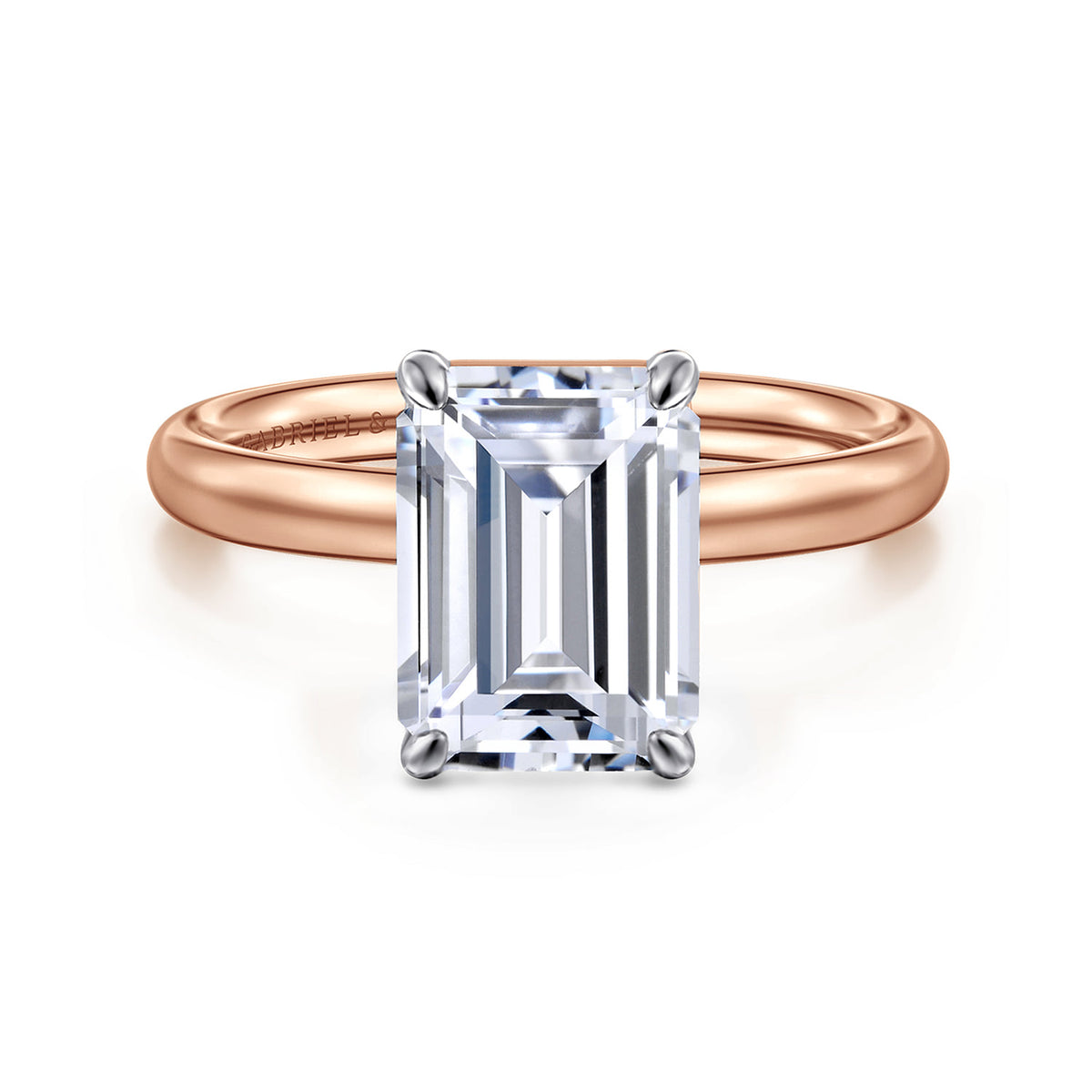 14K White-Rose Gold Emerald Cut Solitaire Diamond Engagement Ring — Gabriel & Co. ER16571E12T4JJJ; center stone shown for illustration, not included