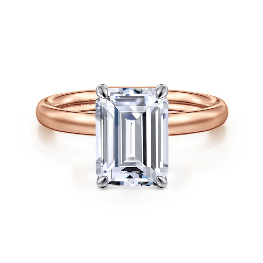 14K White-Rose Gold Emerald Cut Solitaire Diamond Engagement Ring — Gabriel & Co. ER16571E12T4JJJ; center stone shown for illustration, not included