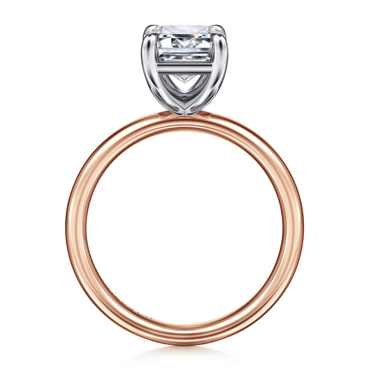 14K White-Rose Gold Emerald Cut Solitaire Diamond Engagement Ring — Gabriel & Co. ER16571E12T4JJJ; center stone shown for illustration, not included