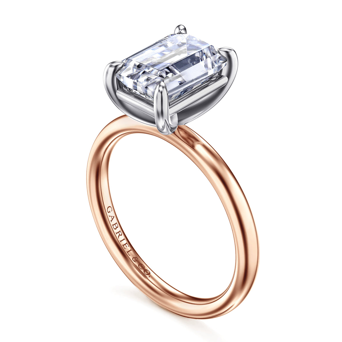 14K White-Rose Gold Emerald Cut Solitaire Diamond Engagement Ring — Gabriel & Co. ER16571E12T4JJJ; center stone shown for illustration, not included