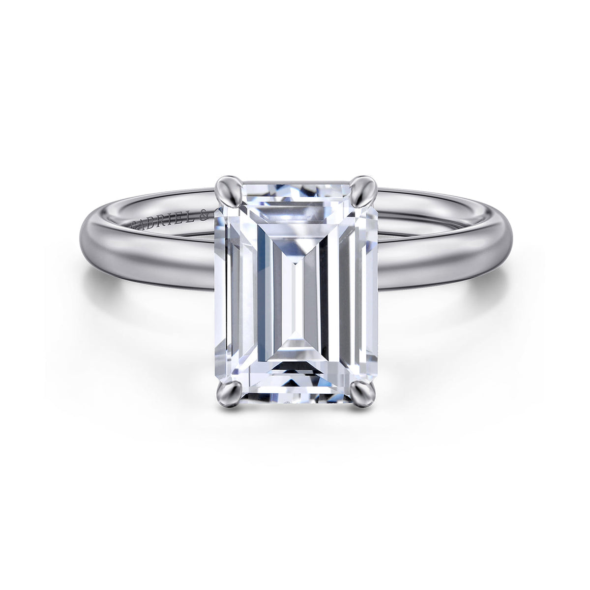 14K White Gold Emerald Cut Solitaire Diamond Engagement Ring — Gabriel & Co. ER16571E12W4JJJ; center stone shown for illustration, not included