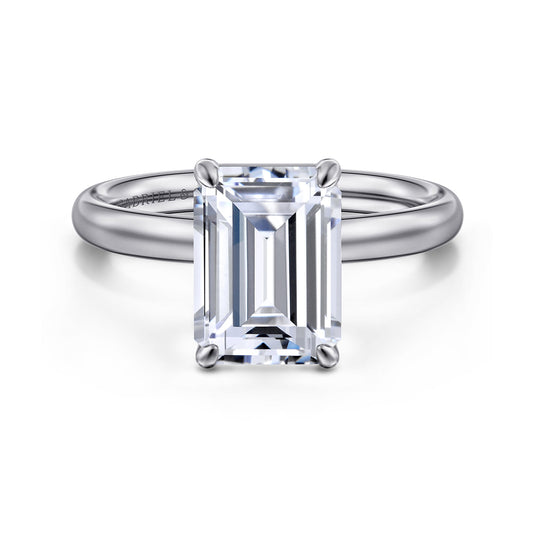 14K White Gold Emerald Cut Solitaire Diamond Engagement Ring — Gabriel & Co. ER16571E12W4JJJ; center stone shown for illustration, not included
