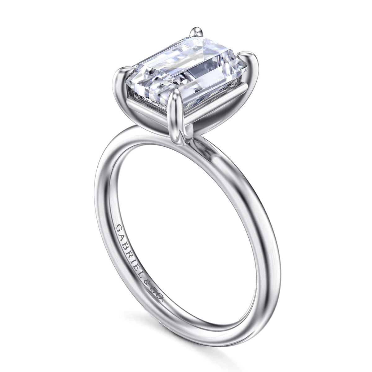 14K White Gold Emerald Cut Solitaire Diamond Engagement Ring — Gabriel & Co. ER16571E12W4JJJ; center stone shown for illustration, not included