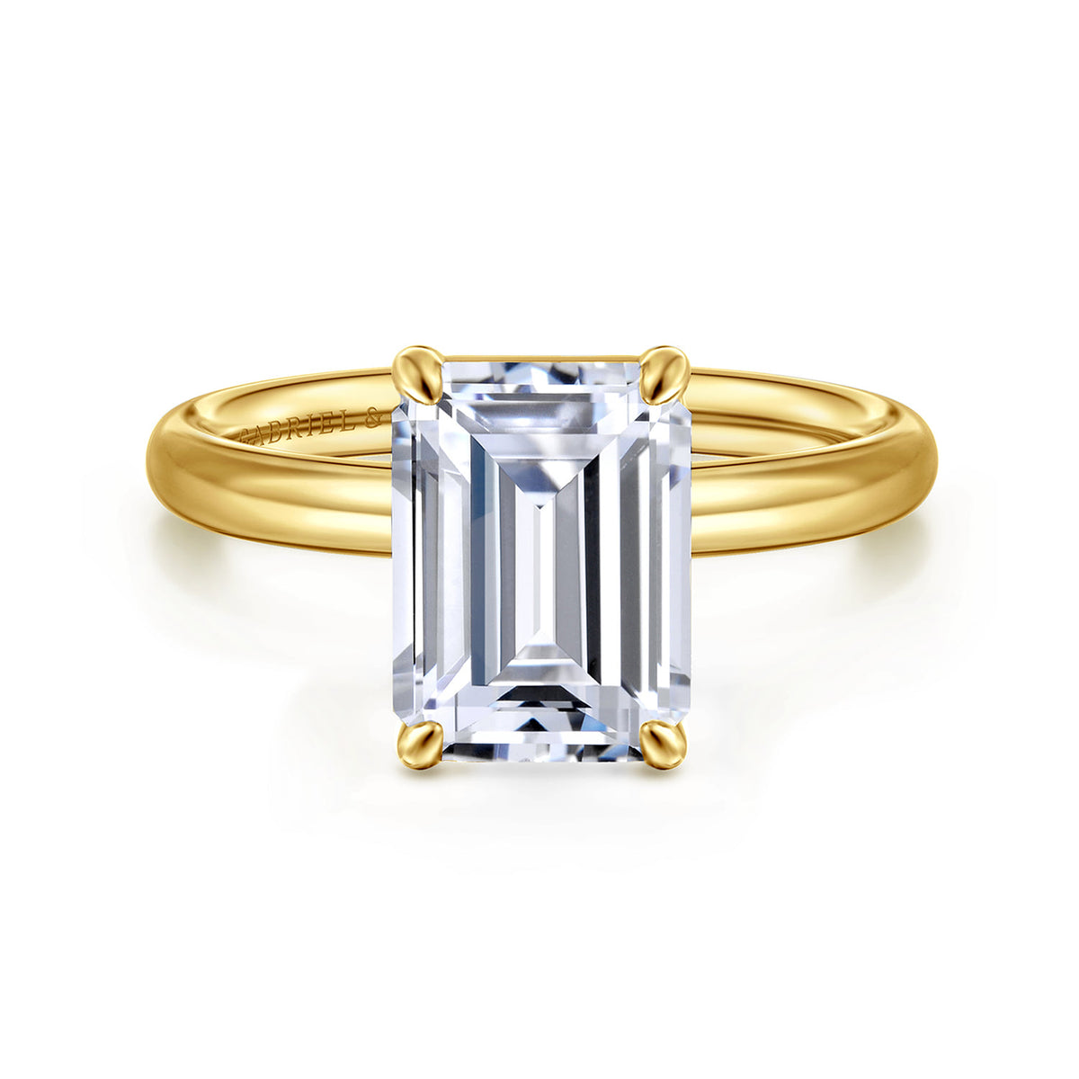 14K Yellow Gold Emerald Cut Solitaire Diamond Engagement Ring — Gabriel & Co. ER16571E12Y4JJJ; center stone shown for illustration, not included