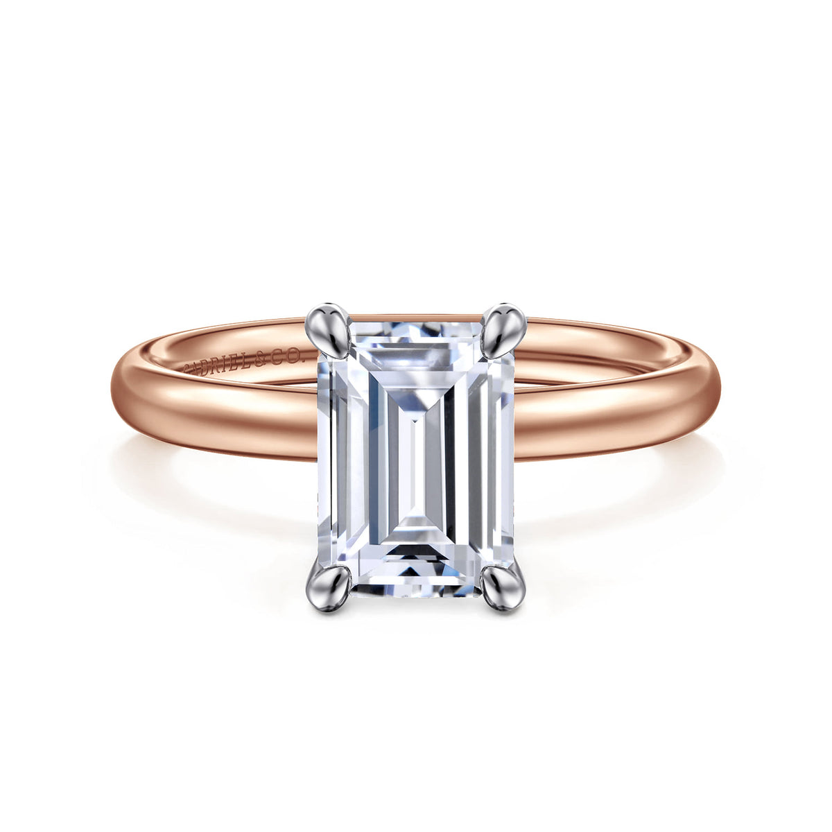 14K White-Rose Gold Emerald Cut Solitaire Diamond Engagement Ring — Gabriel & Co. ER16571E8T4JJJ; center stone shown for illustration, not included
