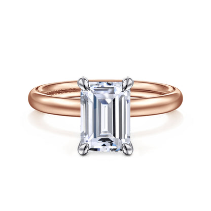 14K White-Rose Gold Emerald Cut Solitaire Diamond Engagement Ring — Gabriel & Co. ER16571E8T4JJJ; center stone shown for illustration, not included