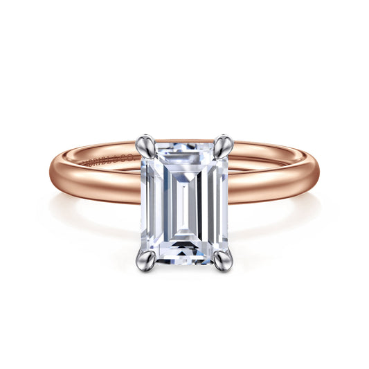14K White-Rose Gold Emerald Cut Solitaire Diamond Engagement Ring — Gabriel & Co. ER16571E8T4JJJ; center stone shown for illustration, not included