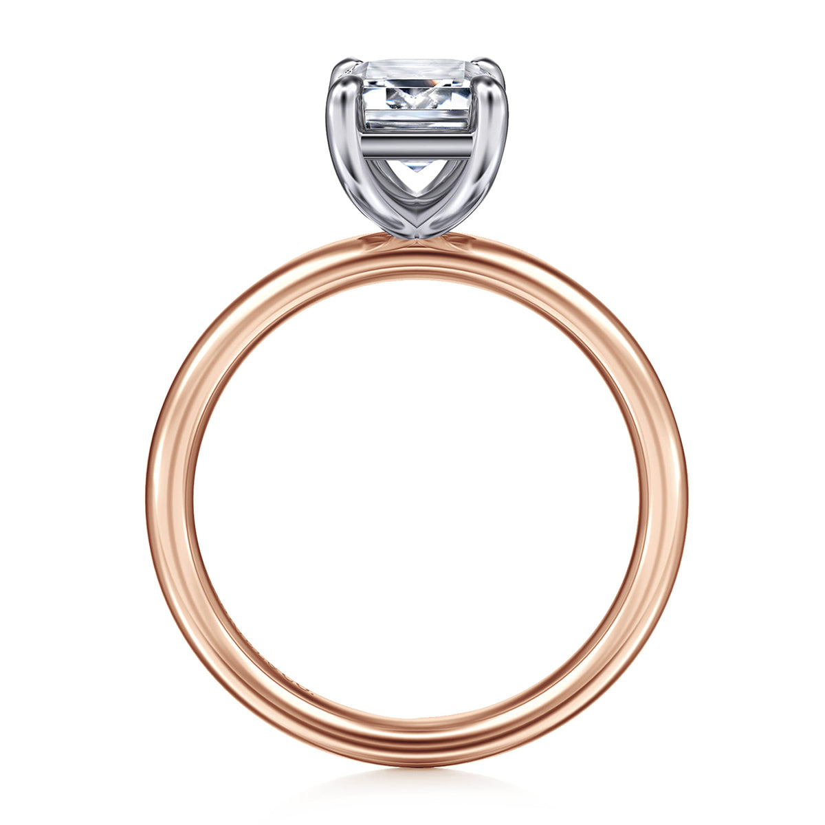 14K White-Rose Gold Emerald Cut Solitaire Diamond Engagement Ring — Gabriel & Co. ER16571E8T4JJJ; center stone shown for illustration, not included