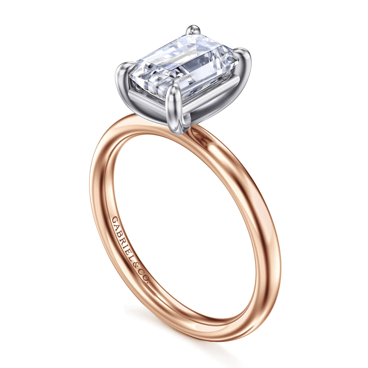 14K White-Rose Gold Emerald Cut Solitaire Diamond Engagement Ring — Gabriel & Co. ER16571E8T4JJJ; center stone shown for illustration, not included
