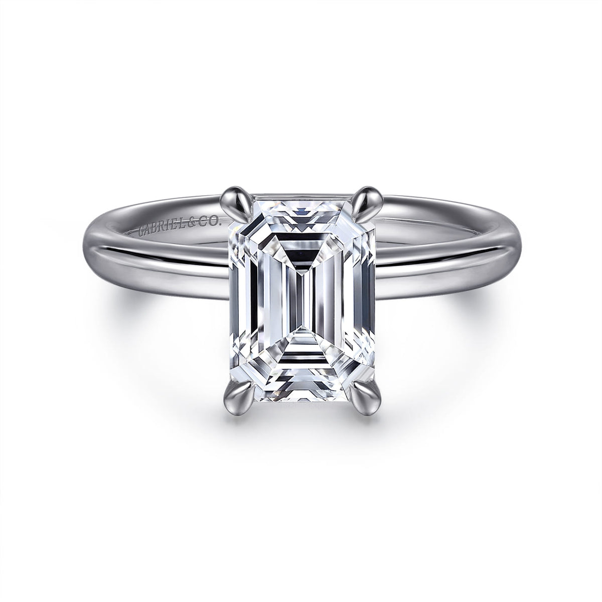 14K White Gold Emerald Cut Solitaire Diamond Engagement Ring — Gabriel & Co. ER16571E8W4JJJ; center stone shown for illustration, not included