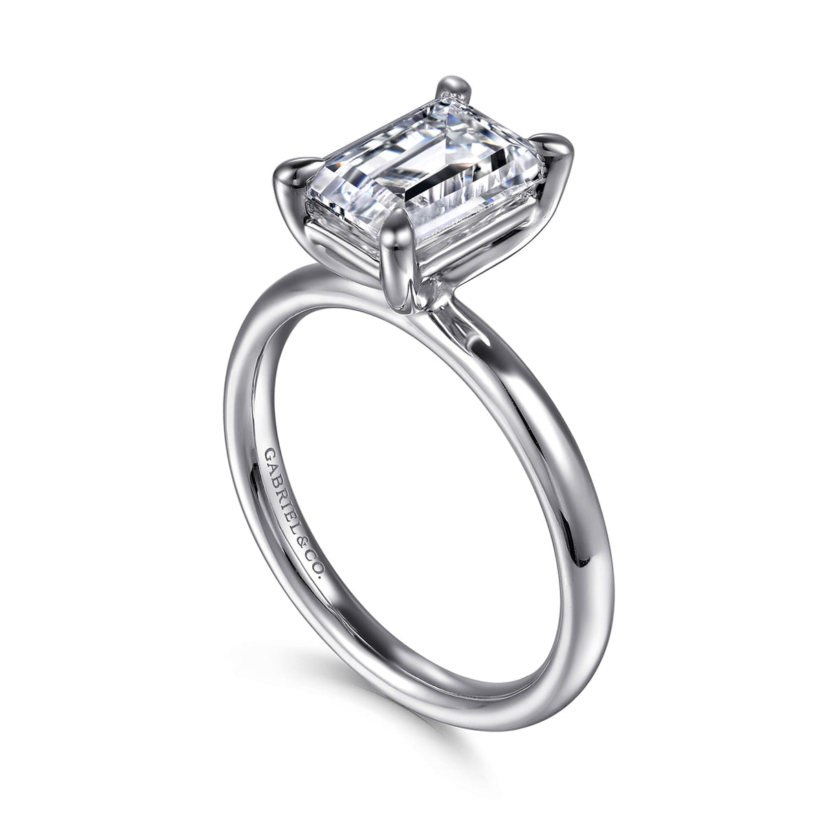 14K White Gold Emerald Cut Solitaire Diamond Engagement Ring — Gabriel & Co. ER16571E8W4JJJ; center stone shown for illustration, not included
