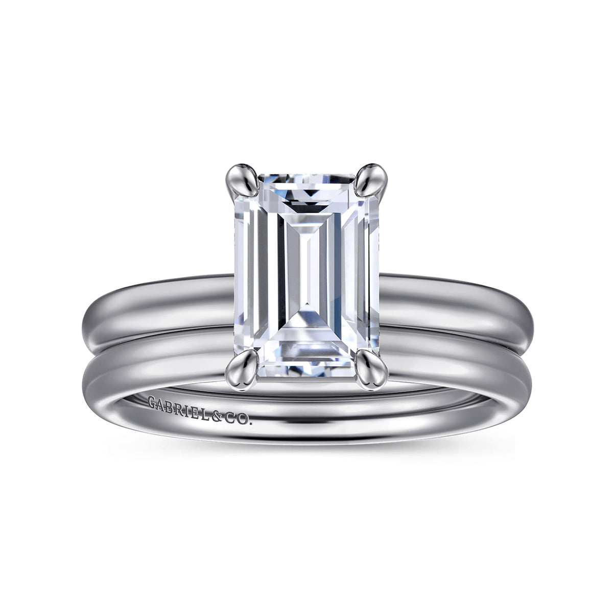 14K White Gold Emerald Cut Solitaire Diamond Engagement Ring — Gabriel & Co. ER16571E8W4JJJ; center stone shown for illustration, not included