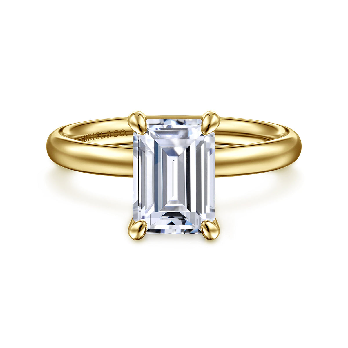 14K Yellow Gold Emerald Cut Solitaire Diamond Engagement Ring — Gabriel & Co. ER16571E8Y4JJJ; center stone shown for illustration, not included