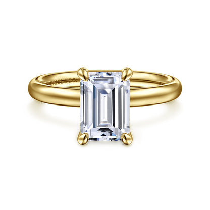 14K Yellow Gold Emerald Cut Solitaire Diamond Engagement Ring — Gabriel & Co. ER16571E8Y4JJJ; center stone shown for illustration, not included