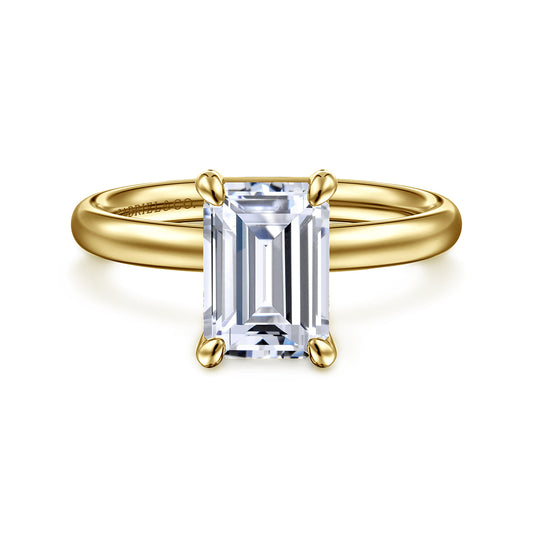 14K Yellow Gold Emerald Cut Solitaire Diamond Engagement Ring — Gabriel & Co. ER16571E8Y4JJJ; center stone shown for illustration, not included