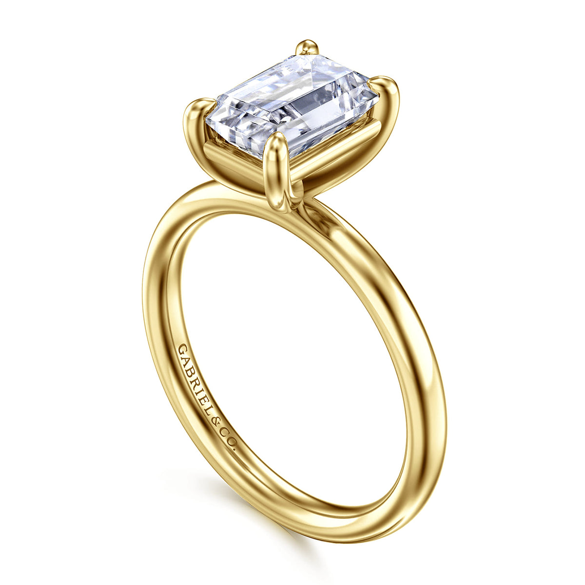 14K Yellow Gold Emerald Cut Solitaire Diamond Engagement Ring — Gabriel & Co. ER16571E8Y4JJJ; center stone shown for illustration, not included