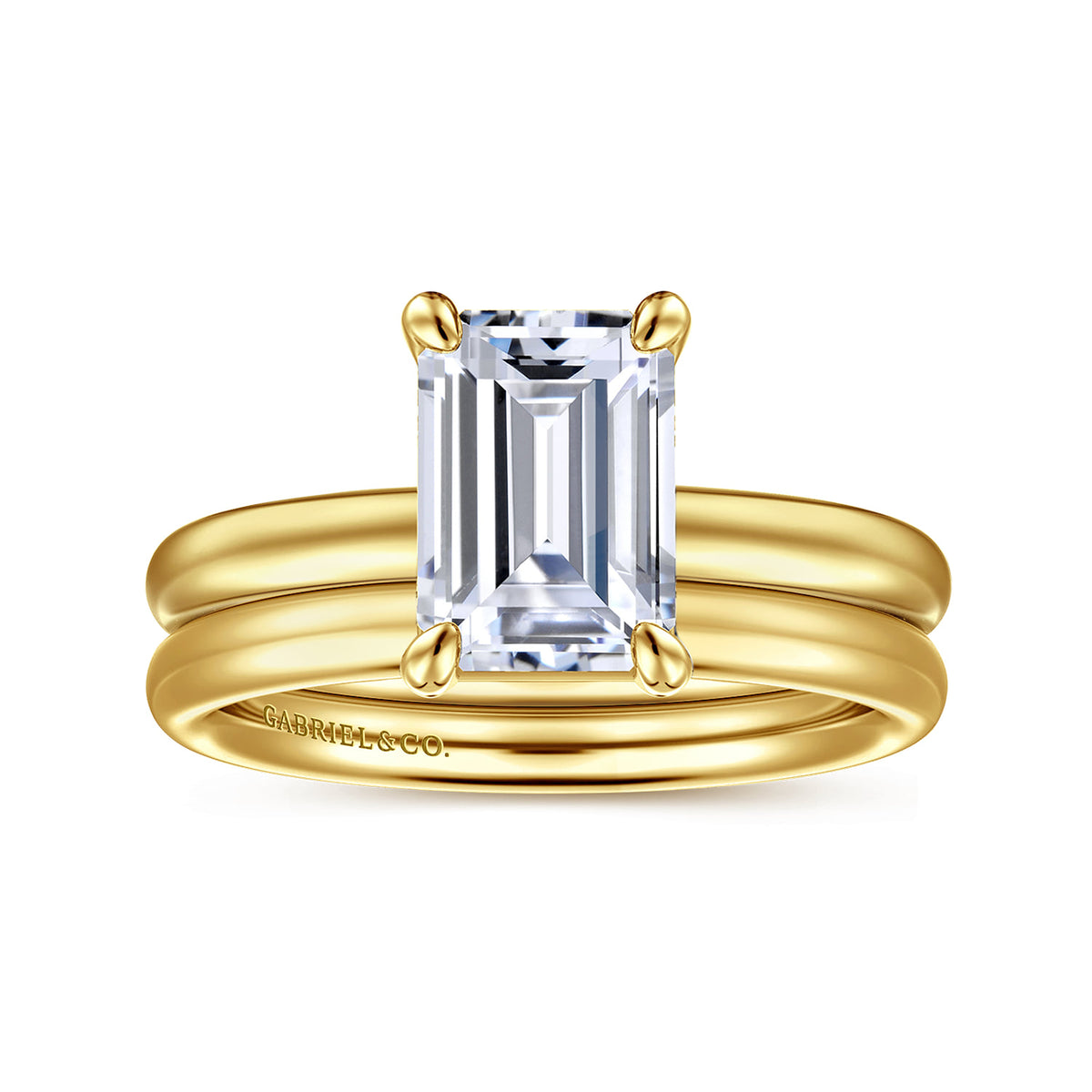 14K Yellow Gold Emerald Cut Solitaire Diamond Engagement Ring — Gabriel & Co. ER16571E8Y4JJJ; center stone shown for illustration, not included