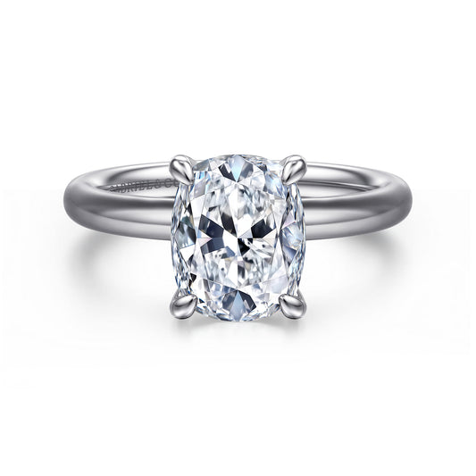 14K White Gold Elongated Cushion Solitaire Diamond Engagement Ring — Gabriel & Co. ER16571G10W4JJJ; center stone shown for illustration, not included