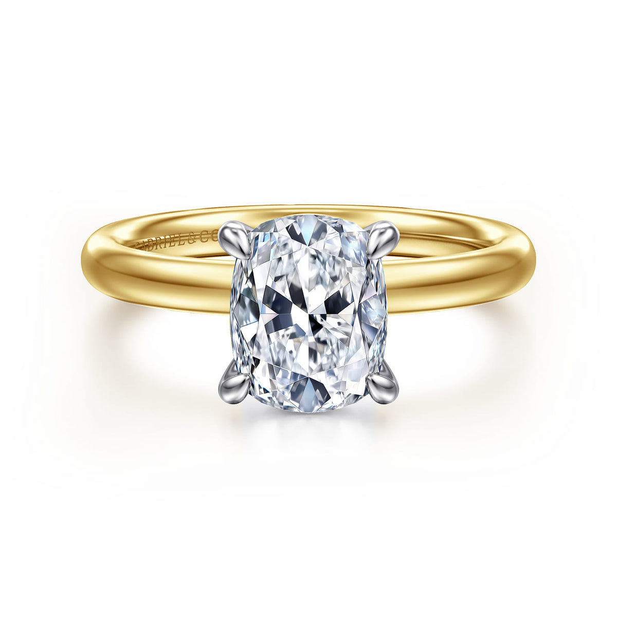 14K White-Yellow Gold Elongated Cushion Solitaire Diamond Engagement Ring — Gabriel & Co. ER16571G8M4JJJ; center stone shown for illustration, not included