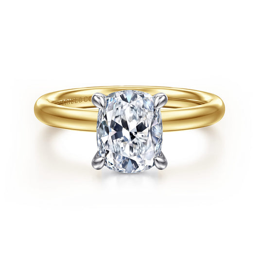 14K White-Yellow Gold Elongated Cushion Solitaire Diamond Engagement Ring — Gabriel & Co. ER16571G8M4JJJ; center stone shown for illustration, not included