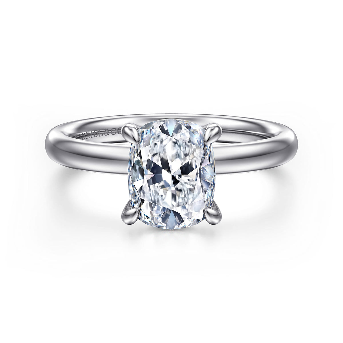14K White Gold Elongated Cushion Solitaire Diamond Engagement Ring — Gabriel & Co. ER16571G8W4JJJ; center stone shown for illustration, not included